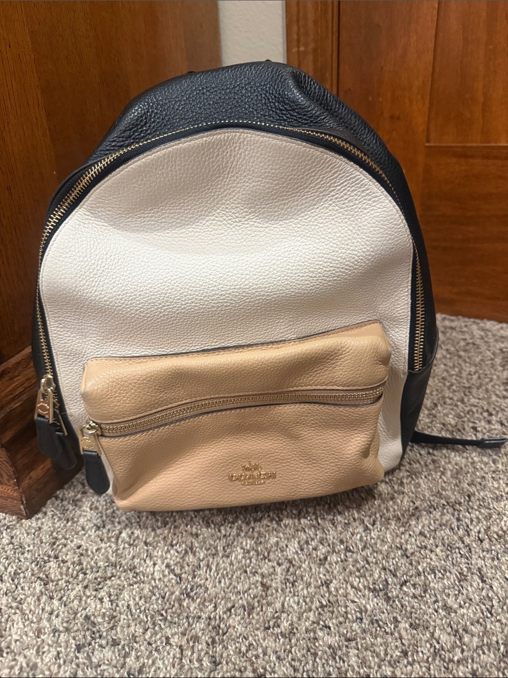 Coach Tri-Color Pebbled LeatherBackpack - Black, Cream & Tan